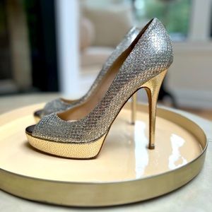 Jimmy Choo Gold Luna Peep Toe Platform Pumps